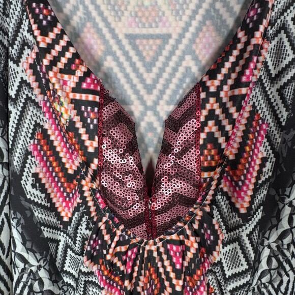 One World Mixed Aztec Print Sequin Stretch Short Sleeve Tunic Top Women's XL - Picture 2 of 9